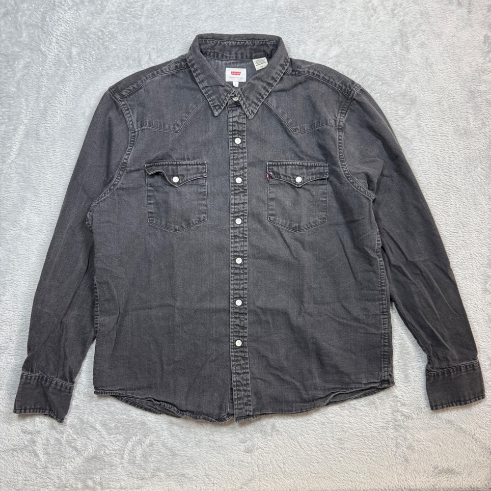 Levi Western Shirt Mens L Black Faded Denim Pearl Snap Long Sleeve Y2K